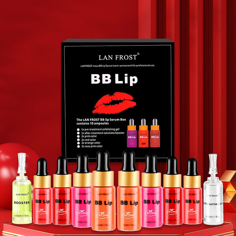 BB Lip Semi Permanent Lip Gloss BB Lip Serum Including 4 Colors Liquid Lip Pigments, Exfoliating Gel and Booster